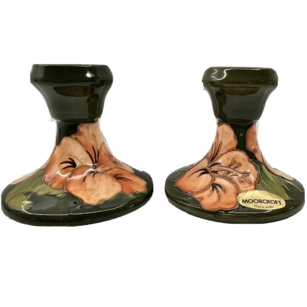Moorcroft Pottery Pair of Peach Hibiscus Candlesticks on Green Backing 1953-58